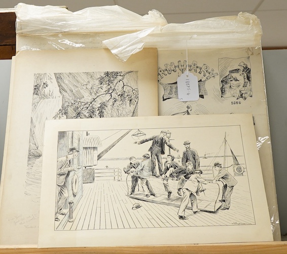 Five late 19th / early 20th century pen, ink and pencil sketches, to include, William Parkinson, figures on a boat deck and two examples by Percy Hutton Fearon (AKA. Poy, 1874-1948), cartoons to include 'The Bridge Build